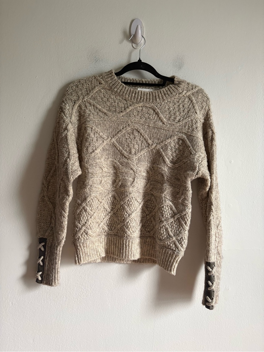 Heartloom Sz S Cotton Wool Cream Cable Knit Faux Leather Details Sweater - Picture 2 of 8